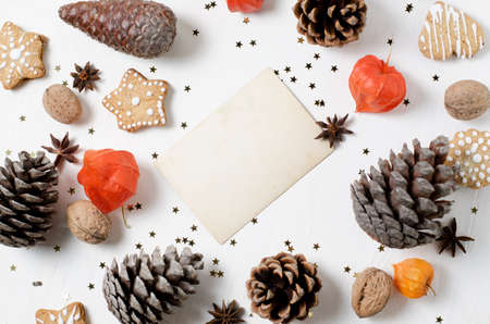 Homemade gingerbread cookies, painted apple. Trendy Christmas, New Year Template.の写真素材