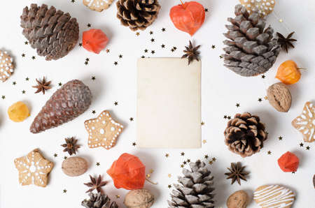 Homemade gingerbread cookies, painted apple. Trendy Christmas, New Year Template.の写真素材
