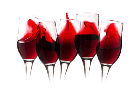 Wine card template. Set of goblet with red wine splashesの写真素材