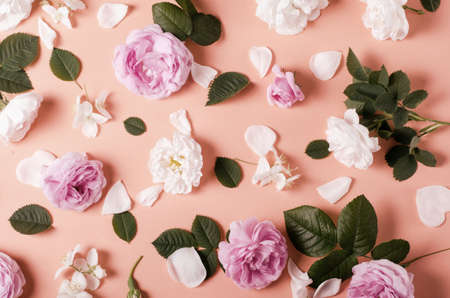 Background of tea roses flowers on a gentle pink background. Flat lay template.の写真素材
