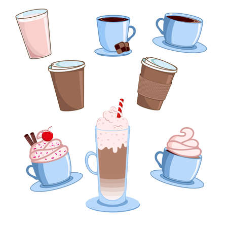 Coffee cups set. Various cute cafe drinks. Vector illustration.のイラスト素材