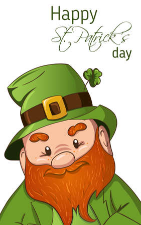 Happy Saint Patricks day illustration. Hand drawn Leprechaun cgaracter with green clover leaf. Vector illustration.のイラスト素材