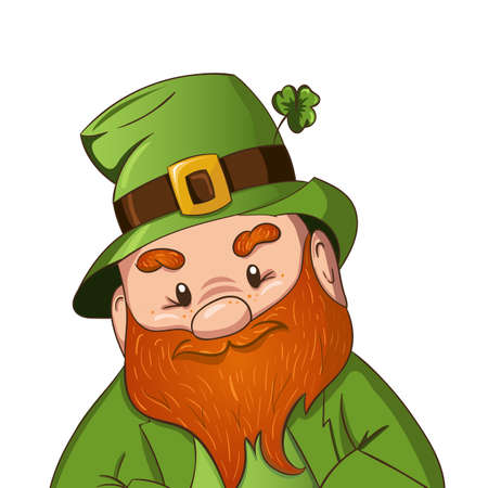 Happy Saint Patricks day illustration. Hand drawn Leprechaun cgaracter with green clover leaf. Vector illustration.のイラスト素材