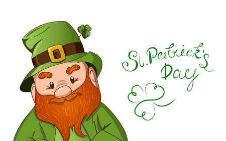 Happy Saint Patricks day illustration. Hand drawn Leprechaun cgaracter with green clover leaf. Vector illustration.のイラスト素材