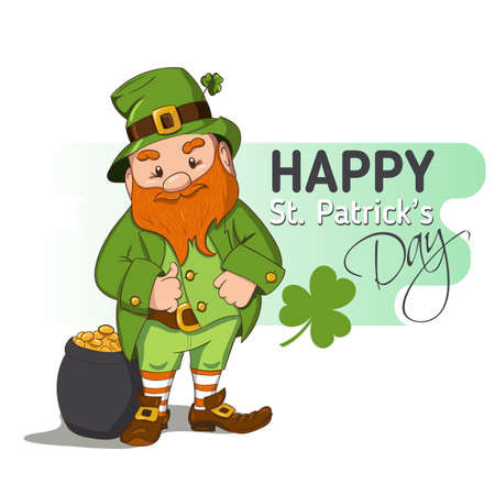 Happy Saint Patricks day illustration. Hand drawn Leprechaun cgaracter with green clover leaf. Vector illustration.のイラスト素材