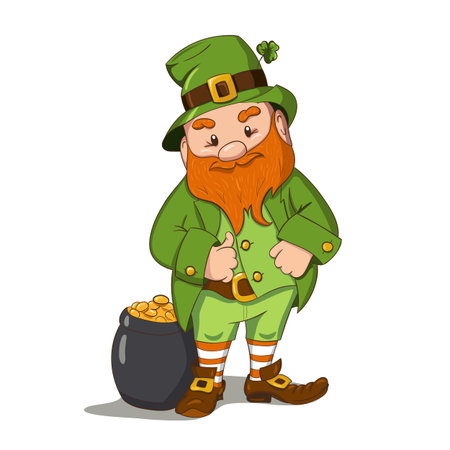Happy Saint Patricks day illustration. Hand drawn Leprechaun cgaracter with green clover leaf. Vector illustration.のイラスト素材