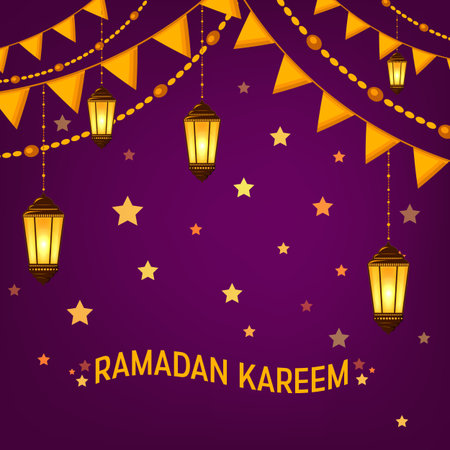 Ramadan Kareem greeting card layout with mosque, minarets, arabic shining lamps, and ornamental decor.のイラスト素材