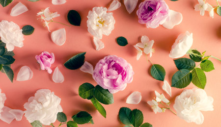 Background of tea roses flowers on a gentle pink background. Flat lay template.