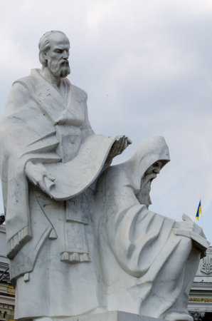 Kyiv Ukraine - June 22, 2019. Monuments to Cyril and Methodius, one part of monumet to Olgha the...