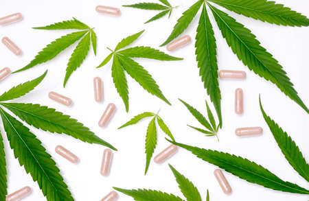 Medical, chemical theme background with cannabis leaves tablet capsules on a white desk. Top view concept photo.の写真素材