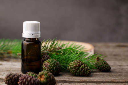 Fir essential oil in the glass bottle with young spruce branches and green cones on a wooden background. Alternative medicine, aromatherapy concept background.の写真素材