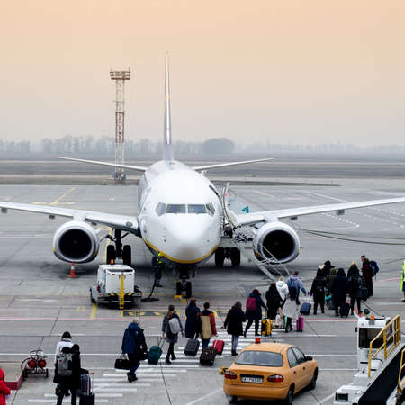 Kyiv, Ukraine - November 27, 2019: Ryanair Boeing plane on the runway of Boryspil Airport, Ukraine. Raynair is the Biggest Low-cost airline company.のeditorial素材
