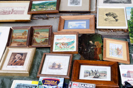 Wroclaw, Poland - 01.12.2019: many watercolor paintings for sale on the Flea Market, swap meet in Wroclaw, Poland.のeditorial素材