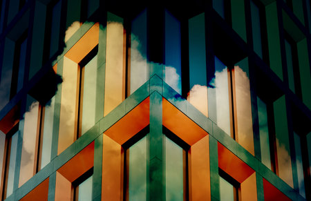 Toned photo collage with bright modern building facade, sky and clouds. Abstract geometric...