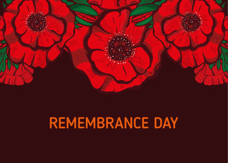 Remembrance poppy and lest we forget the concept banner. Vector illustration with hand-drawn red poppy to Anzac day and May 8th also known as Armistice day.のイラスト素材