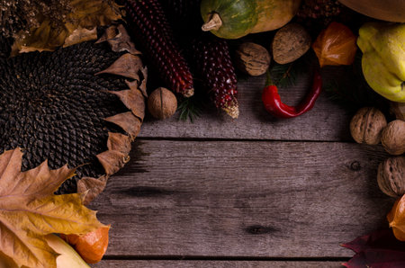 Autumnal rural frame with bright ripe pumpkins, big dry sunflower, apple quinces and nuts on an old...