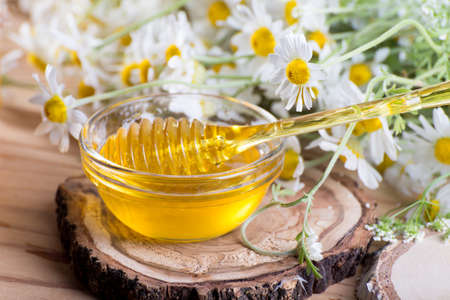 Sweet spring herbal honey in the jar and small glass bowl with a honey dipper. Composition of aromatic honey on the table with fresh chamomile flowers.の写真素材