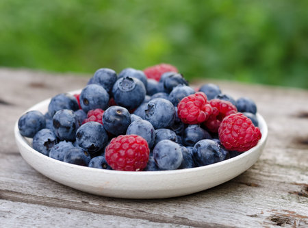 Blueberries and raspberries on an old wooden table, at the garden. Rural natural food style...