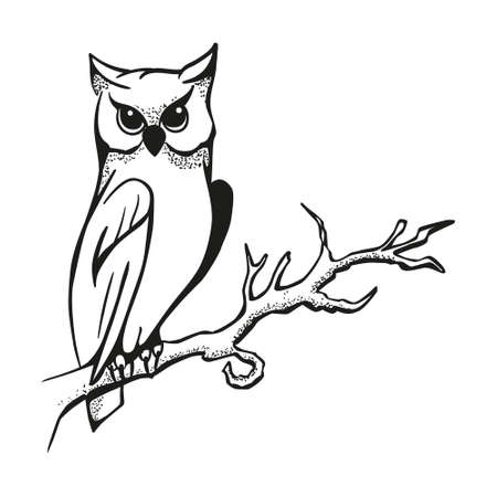 Ink tatoo style owl sitting on ranch of tree. Black and white Halloween festive illustrationのイラスト素材
