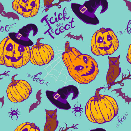 Halloween seamless pattern with Pumpkins and Trick or Treat and boo Lettering. Good for wrapping design.のイラスト素材