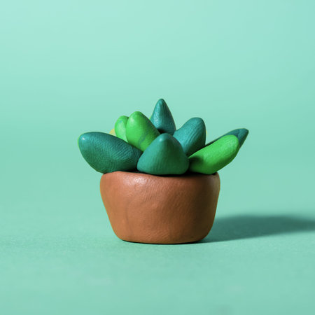 Handmade plasticine green cactuses and succulents in a pots on a color paper background.