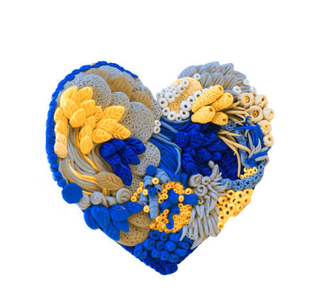 Plasticine heart decorated with elements, leaves, flowers. St. Valentines decor element.の写真素材