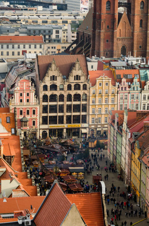 Wroclaw, Poland - 01.12.2019: Bird Eye View to Penitents Bridge between two towers of Mary Magdalene...