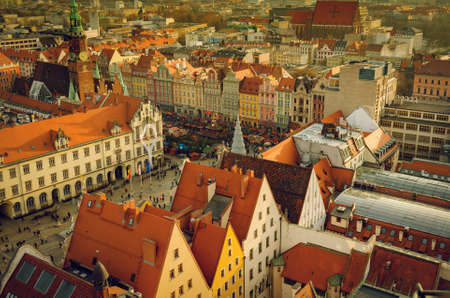 Wroclaw main square Rynek with Traditional Festive Christmas market. View from the top of central Tower. Poland. View of old town Breslauのeditorial素材