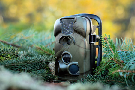 Advertising photo of Trap or Hunting Camera With Infrared Light and a motion detector on the Forest...