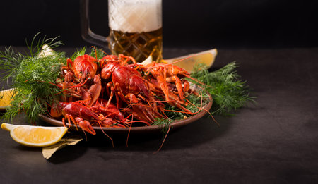 Crayfish boiled on a dish with dill spices and lemon. Dark moody still life.の写真素材