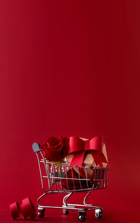 St. Valentine's Festive sale concept banner with gift box rose, and red paper hearts in the shopping cart against red background.の写真素材