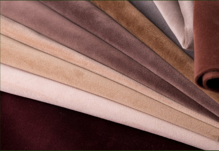 Light Set Sail Champagne and chocolate colors velor textile samples. Fabric texture backgroundの写真素材