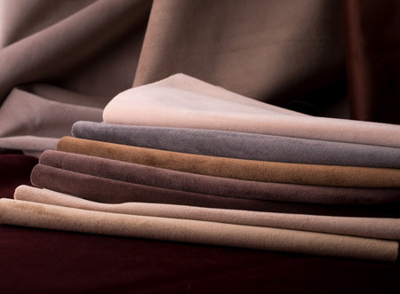 Light Set Sail Champagne and chocolate colors velor textile samples. Fabric texture backgroundの写真素材