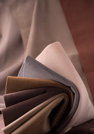 Light Set Sail Champagne and chocolate colors velor textile samples. Fabric texture backgroundの写真素材