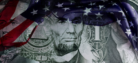 Collage of Dollar bills elements and American flag. Financial business background.の写真素材