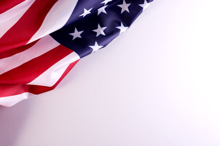 American Flag on the gray background with empty space for text. Border for Independence day or Veteran's day.の写真素材