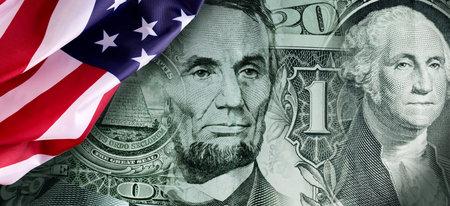 Collage of Dollar bills elements and American flag. Financial business background.の写真素材