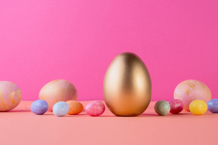 Trendy Easter background with Gold and colored Easter eggs on a light coral color background with copy space for text. Top view flat lay still life. Easter concept.の写真素材