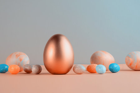Trendy Easter background with Gold and colored Easter eggs on a light coral color background with copy space for text. Top view flat lay still life. Easter concept.の写真素材