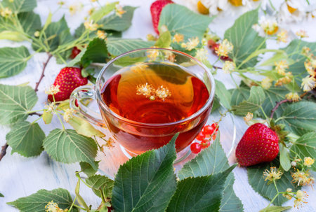 Glass cup of linden tea with linden flowers, leaves and strawberries on a old white wooden table top view. Healthcare hot drink.の写真素材