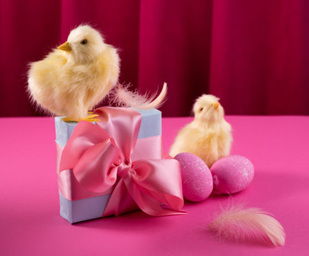 Bright yellow chickens with easter eggs and gift box against the bold raspberry color curtain....
