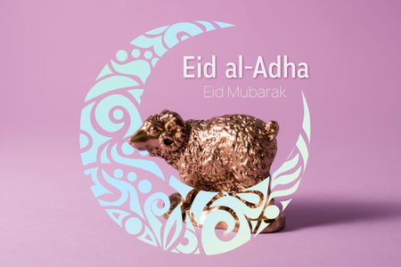 Golden lamb figure decorated with hand-drawn ornamental Crescent Moon against a purple background....