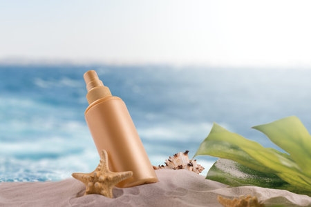 Sunscreen spray bottle on a sandy beach decorated with different seashells against sea waves...