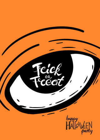Vintage poster with trick or Treat lettering inside scary eye. Good for invitation greeting card in minimalist style with Halloween symbols.のイラスト素材