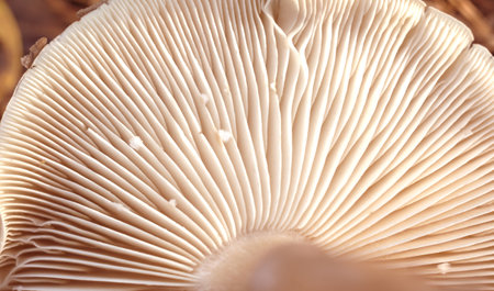 Texture of mushroom bottom among green moss. Macro photo of mushroom textureの写真素材