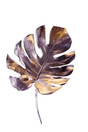 Monstera leaf painted in silver with gold flares isolated on white background. Minimalist luxury concept. Good for interior decoration pop-art poster.の写真素材
