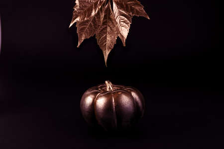 Gold and black luxury pumpkin. Minimalist banner good for thanksgiving and Halloween.の写真素材