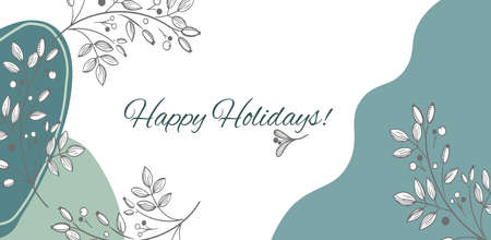 Happy Holidays or Merry Christmas Template with Hand Drawn decorative elements, twigs, and flowers.のイラスト素材