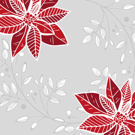 Happy Holidays or Merry Christmas Template with Hand Drawn decorative elements, twigs, and Poinsettia flowers.のイラスト素材