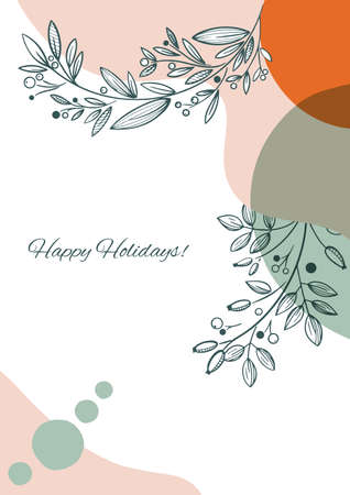 Happy Holidays or Merry Christmas Template with Hand Drawn decorative elements, twigs, and flowers.のイラスト素材